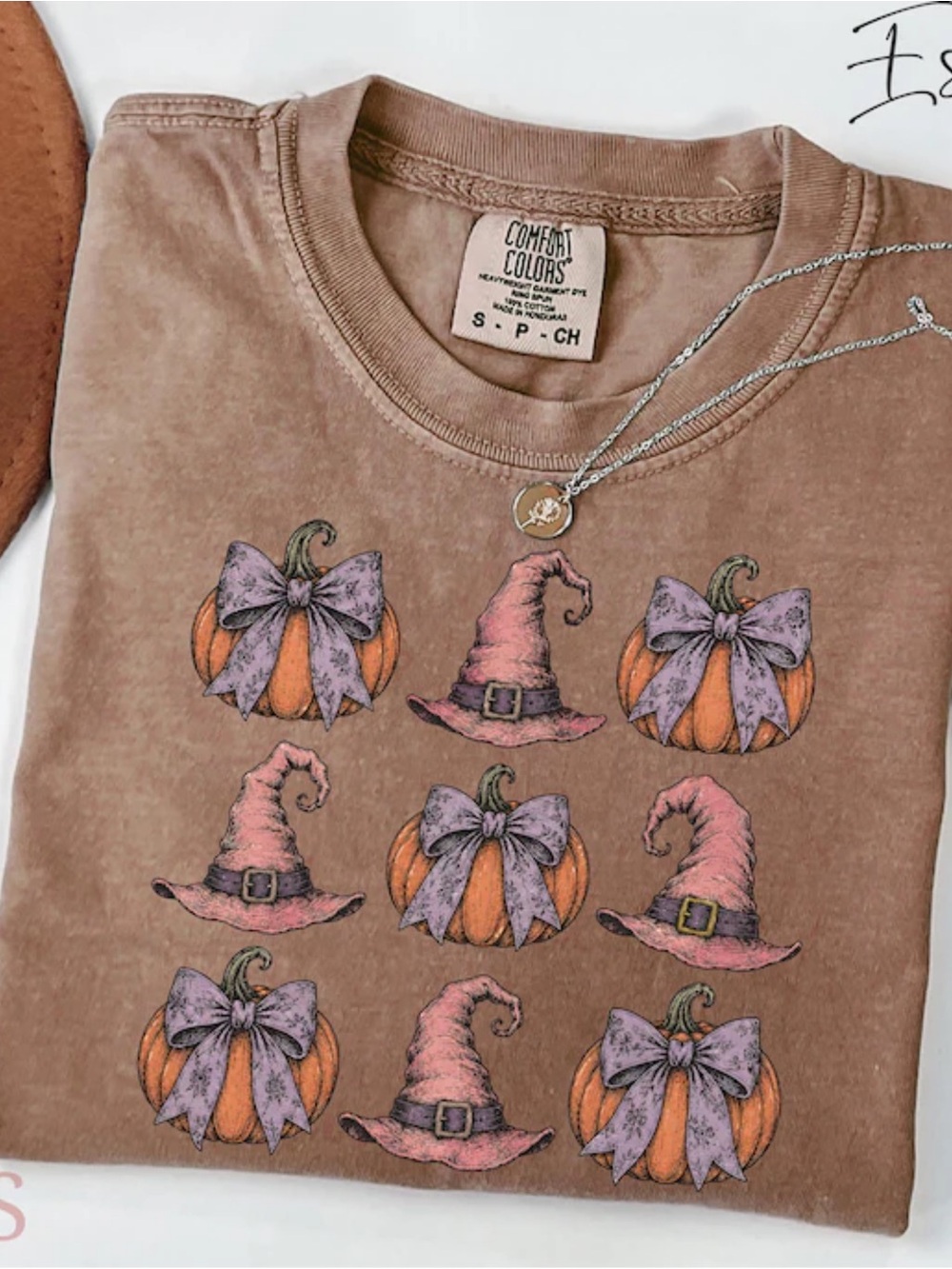 Comfort Colors Espresso Tee with Orange Pumpkins & Purple Witch Hats